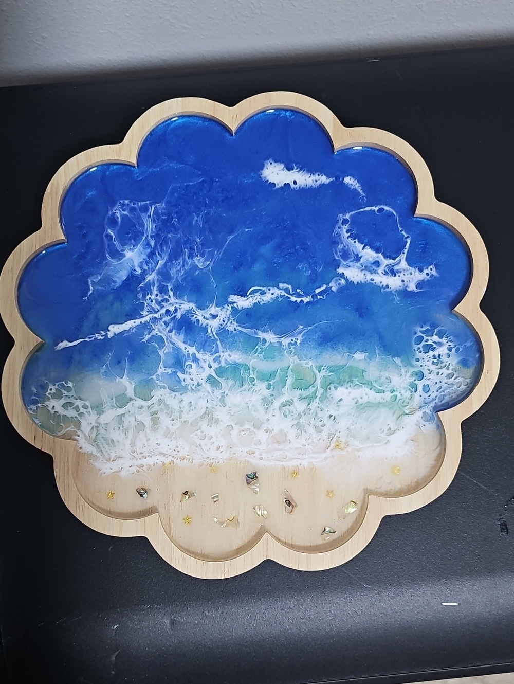 Ocean Wave Resin Art Scallop Tray - Blue Beach Scene